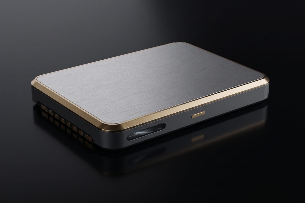 The compute core on its own, showing the contact pads along one edge, design render
