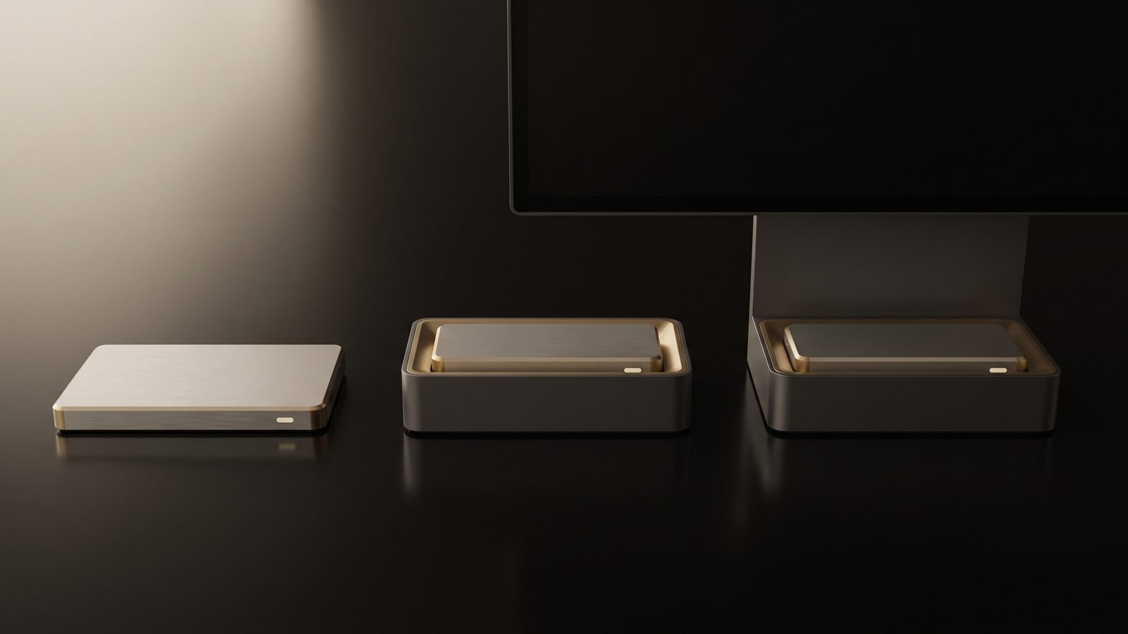 The core alone, and the same core seated in a desk seat and in a display seat, design render