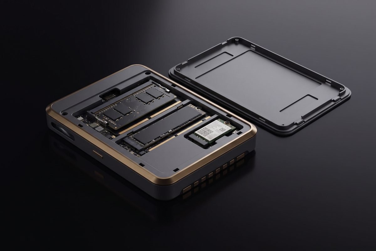 Access panel lifted, showing socketed memory, drive and radio card, design render