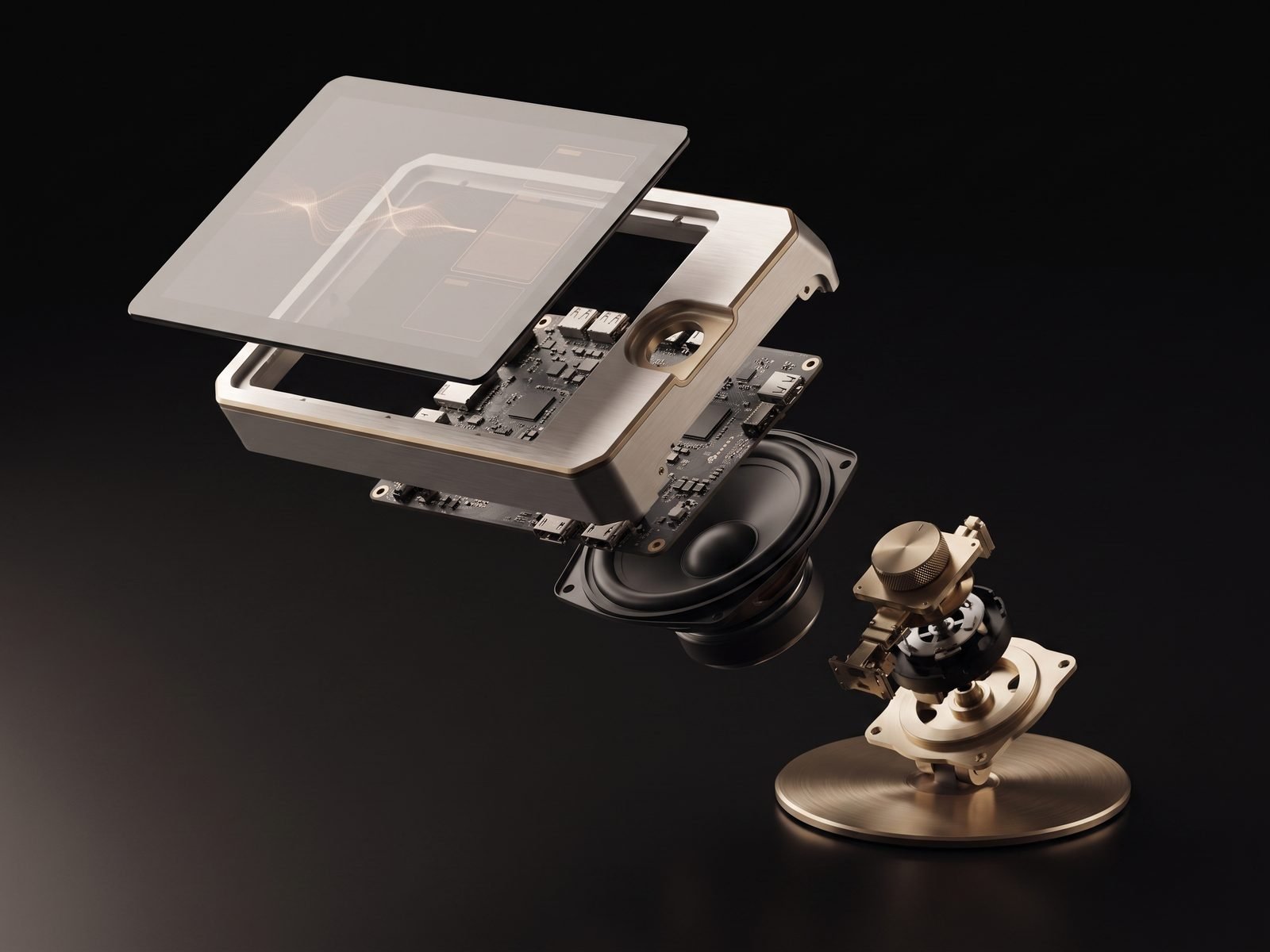 Desk terminal, exploded design render